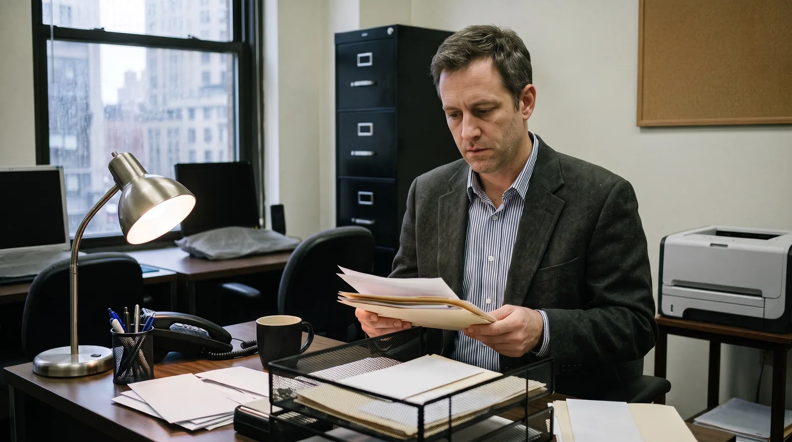 A man in a dark grey tweed jacket sits at a desk in a small office, looking down at a manila folder and loose papers in his hands. A lit lamp and a full wire paper tray sit on the desk. Two empty desks, a filing cabinet and a window stand behind him.