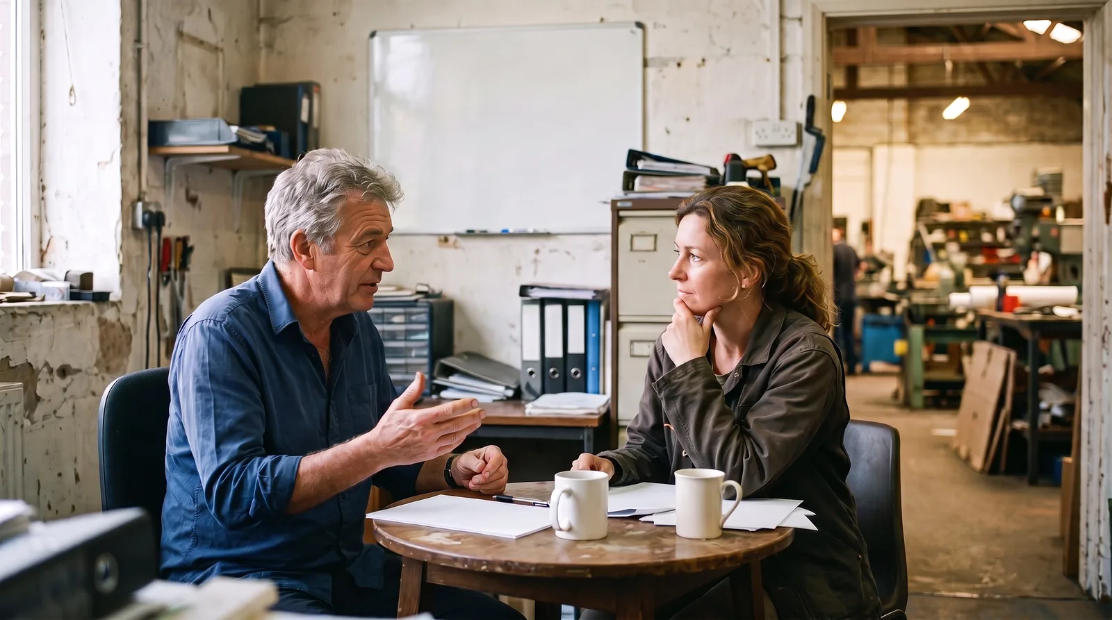 A grey-haired man in a blue shirt leans forward across a small round wooden table in a workshop back office, one hand open as he speaks. Opposite him a woman in a dark work jacket rests her chin on her knuckles and watches him. A pen, two white mugs and loose sheets of plain unmarked paper lie on the table between them. Behind them are a blank whiteboard, a metal filing cabinet and shelves of box files. Through an open doorway the workshop floor is out of focus, where another person is working.