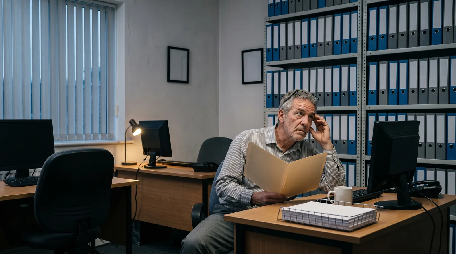 A grey-haired man in a striped shirt sits at a desk in a small office, holding an open manila folder and resting a hand against his temple as he looks up at a tall steel shelving unit packed with rows of identical unlabelled binders. Two other desks with dark monitors stand empty behind him, and a single desk lamp is lit.