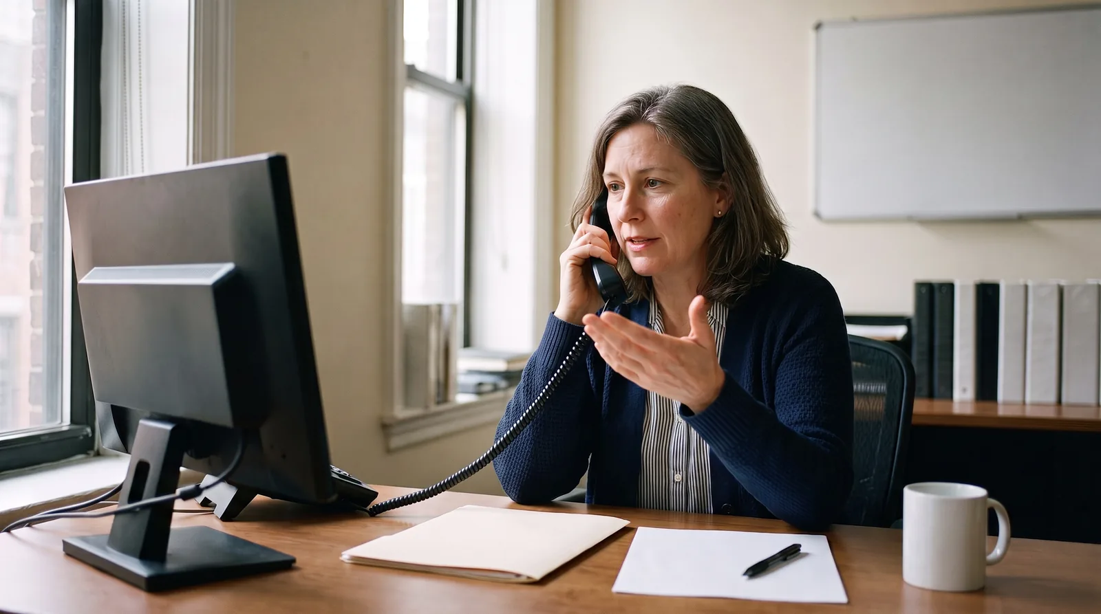 A woman with shoulder-length greying brown hair, in a navy cardigan over a striped shirt, sits at a wooden desk in a small office holding a black corded desk-phone handset to her ear and gesturing with her open hand as she talks. In front of her lie a closed plain manila folder, a blank sheet of white paper with a black pen on it, and a white mug. A computer monitor faces away from the camera at the left, beside a window with a brick building outside. Behind her are a blank whiteboard on a cream wall, a mesh office chair and a shelf of plain black and grey binders.