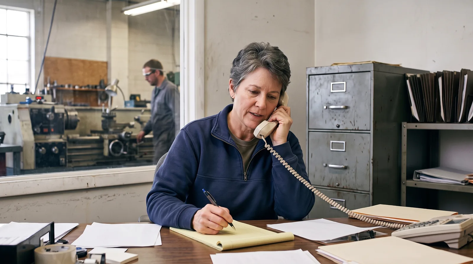 A woman in her fifties with short grey hair, wearing a navy quarter-zip pullover, sits at a cluttered wooden desk holding a cream desk phone receiver to her ear and writing on a yellow legal pad. Behind her stand a worn grey metal filing cabinet and a shelf of dark accordion files, and through an interior window a machinist in safety glasses works at a lathe on the shop floor.